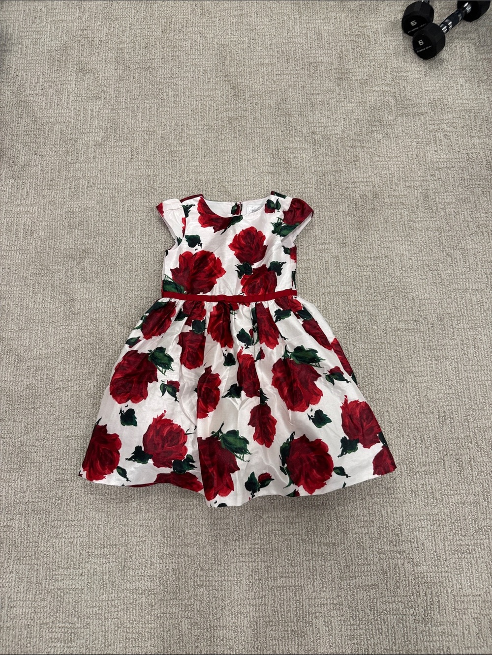 White & Red Rose Print Girls' Party Dress